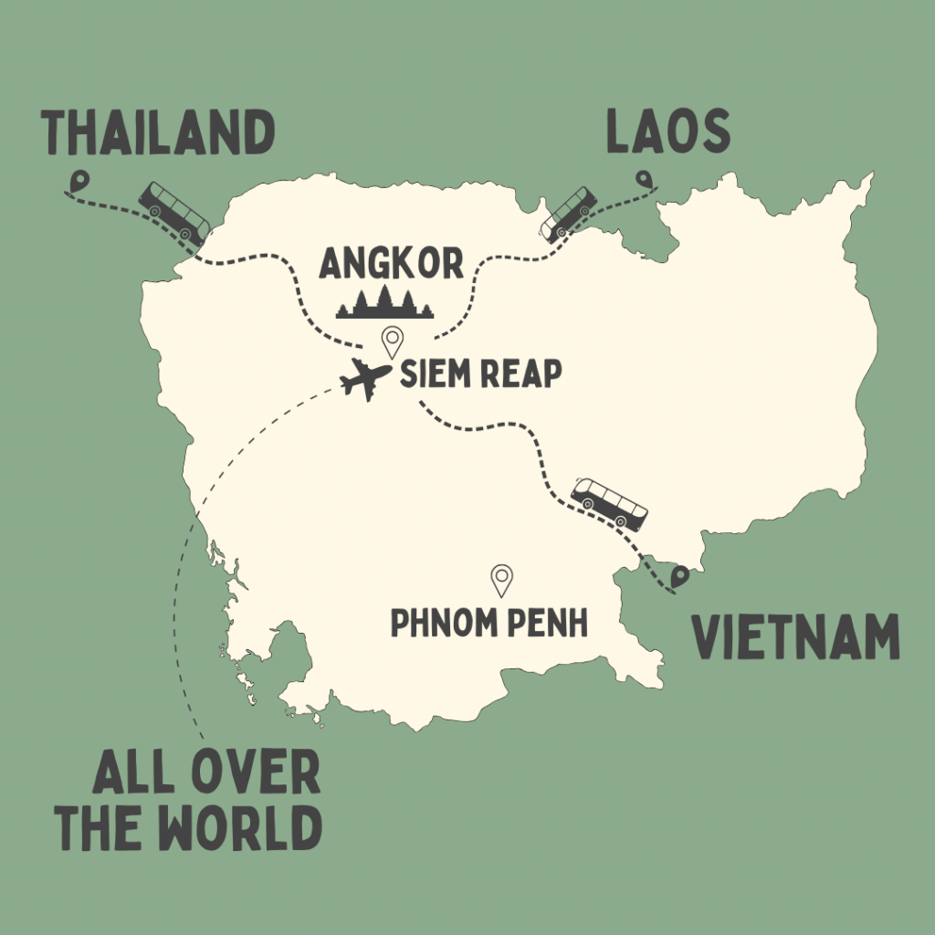 Karte Anreise Siam Reap. Aus dem Nordosten mit dem Bus aus Laos. Aus dem Südosten mit dem Bus aus Vietnam. AUs dem Nordwesten mit dem Bus aus Thailand.