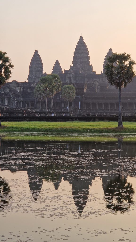 Die drei spitzen Türme von Angkor Wat in der Mitte umgeben von grünen Palmen. das Bild spiegelt sich im davor liegenden See.