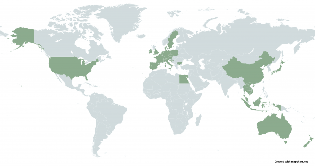 Liste der von uns bereitesten Länder: USA, Australien, Neuseeland, Indonesien, Kambodscha, Laos, Thailand, Malaysia, Japan, China, Vietnam, Ägypten, Bulgarien, Polen, Tschechien, Schweden, Deutschland, Polen, Dänemark, Belgien, Niederlande, Frankreich, Spanien, Portugal, Italien, England, Wales, Irland