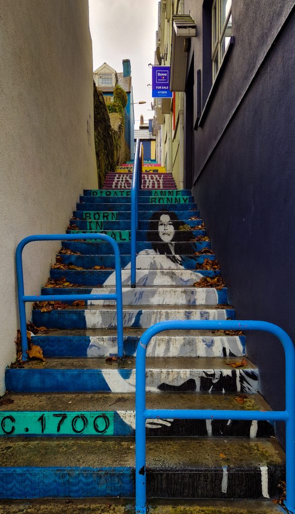 Stony Steps (Treppenstufen) versehen mit einem bunten Gemälde an Anne Bonny in Kinsale