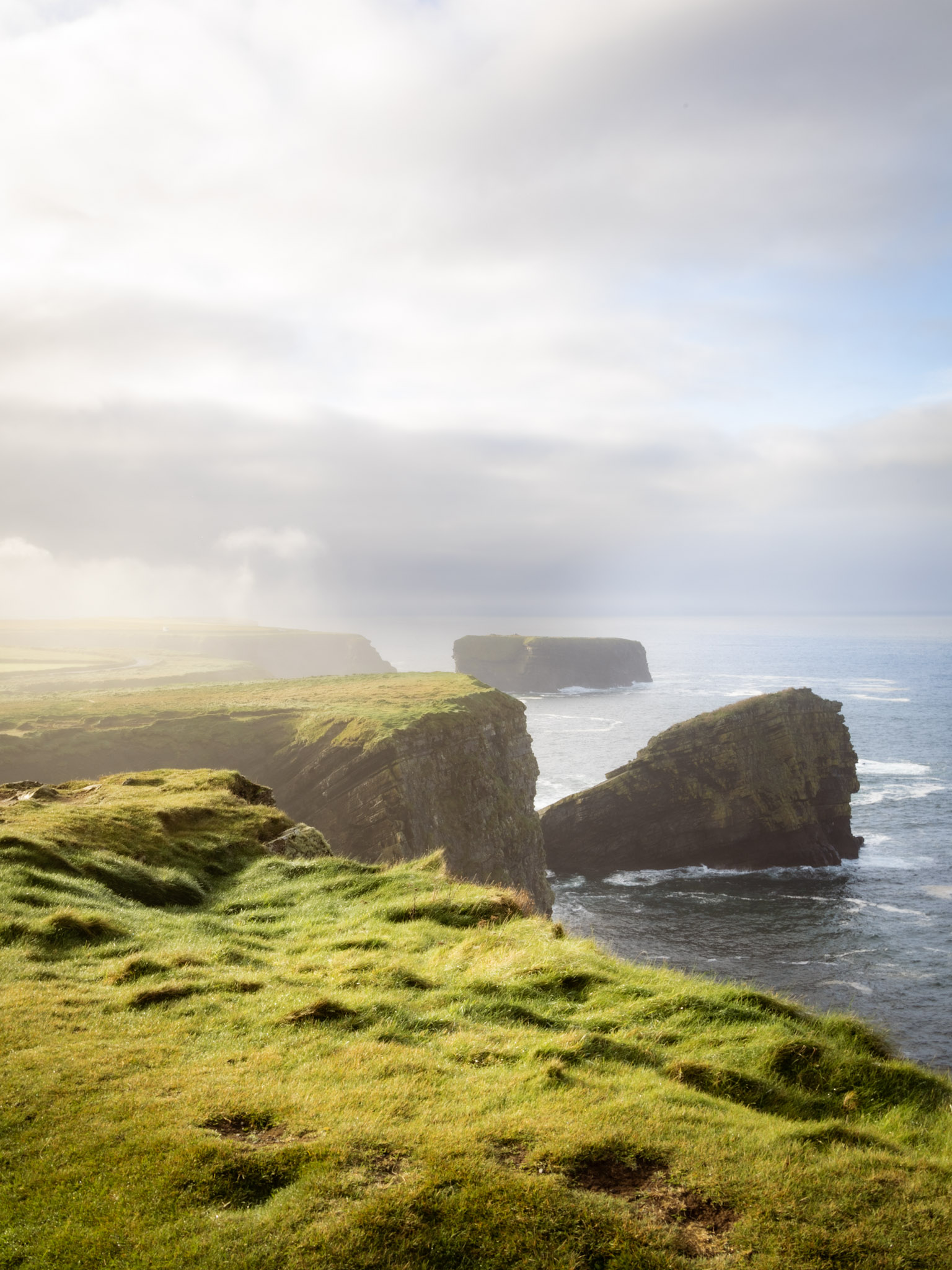 die Klippen Kilkee Cliffs it saftigen grün eingetaucht in einem Meer aus Sonne