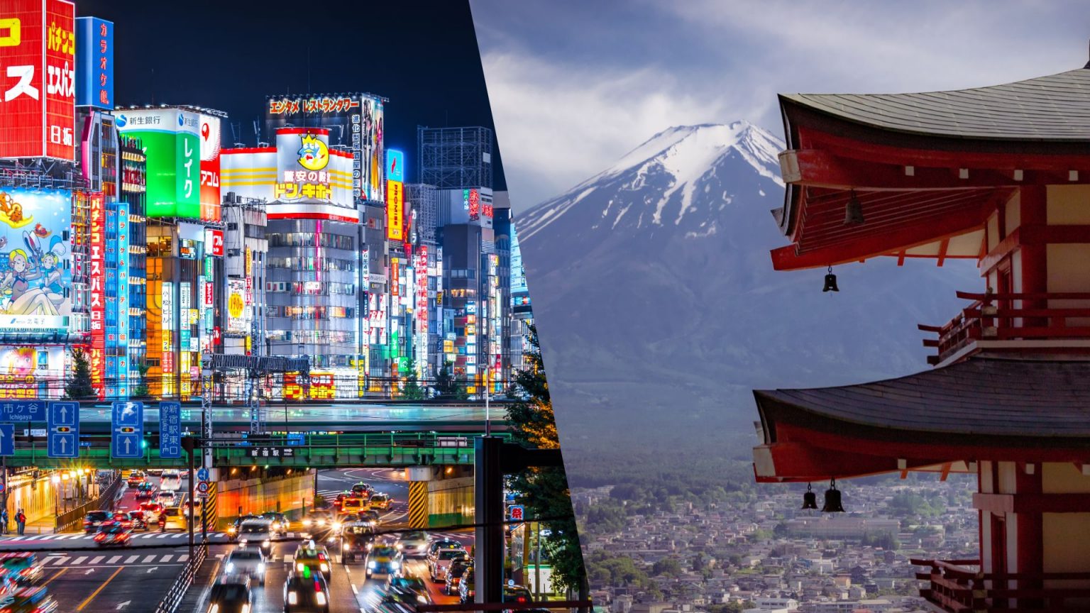 Megacityvibes von Tokyo mit Leuchtreklame und Vulkanromantik auf der rechten Seite mit dem Mount Fuji
