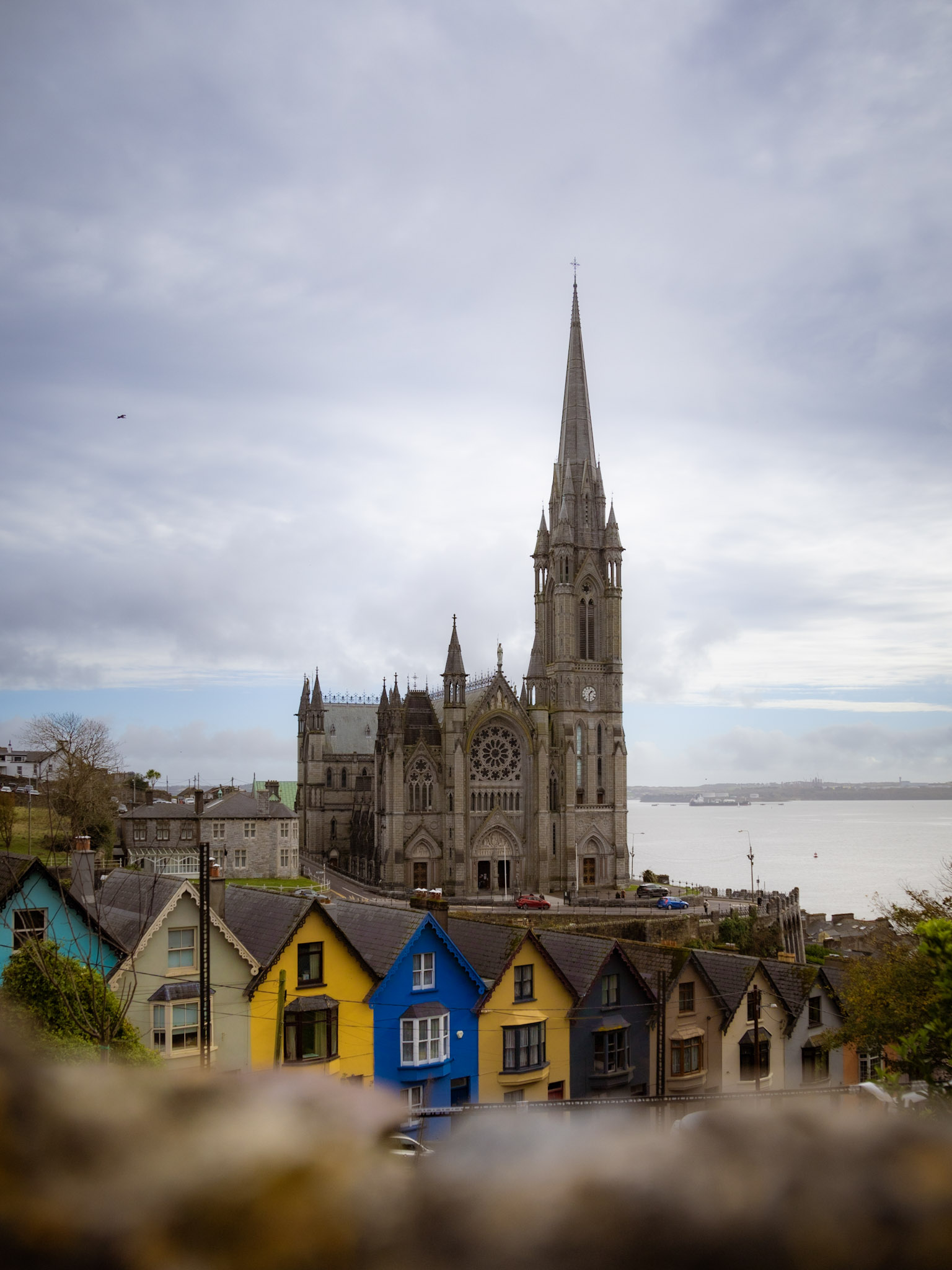 Blick auf die imposante St.-Colman-Kathedrale und die bunten Häuser von Cobh