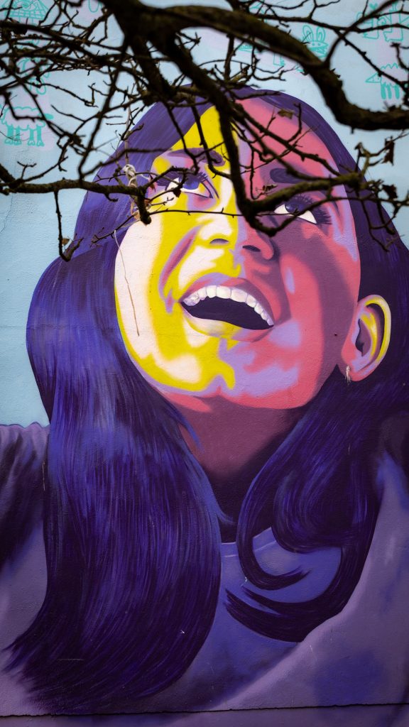 Ein Streetart Kunstwerk von einer jungen Frau/Mädchen an einer Hauswand von Galway
