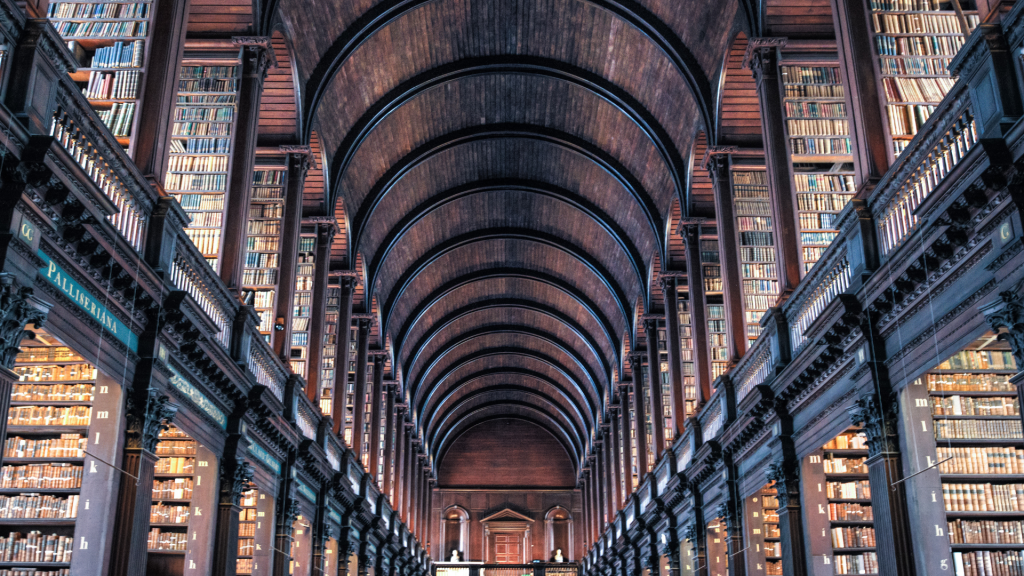 Der Long Room der Old Libary ist ein langer Raum mit mit einer gewölbten Decke und komplett mit dunklem Eichenholz verkleidet. An den Seiten stehen in hohen Holzregalen alte Bücher mit Lederband.