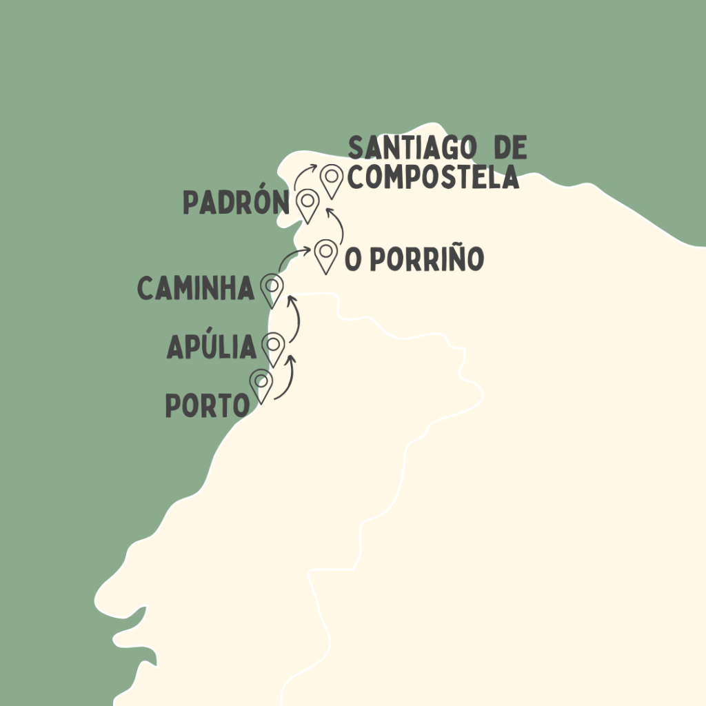 Route für eine Woche auf dem Jakobsweg: Porto, Apúlia, Caminha, O Porriño, Arcade, Santiago de Compostela