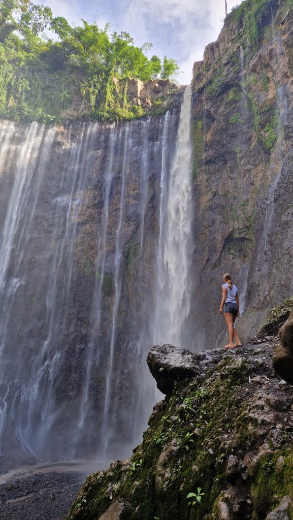 Als Halbkreisförmiger Vorhang aus Wasser bricht der Tumpak Sewu Wasserfall aus dem Dschungel heraus