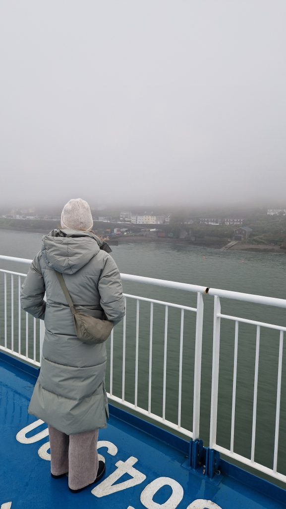 Ankunft mit der Fähre in Cork. Lena schaut über die Reling auf eine nebelbedeckte Küste.