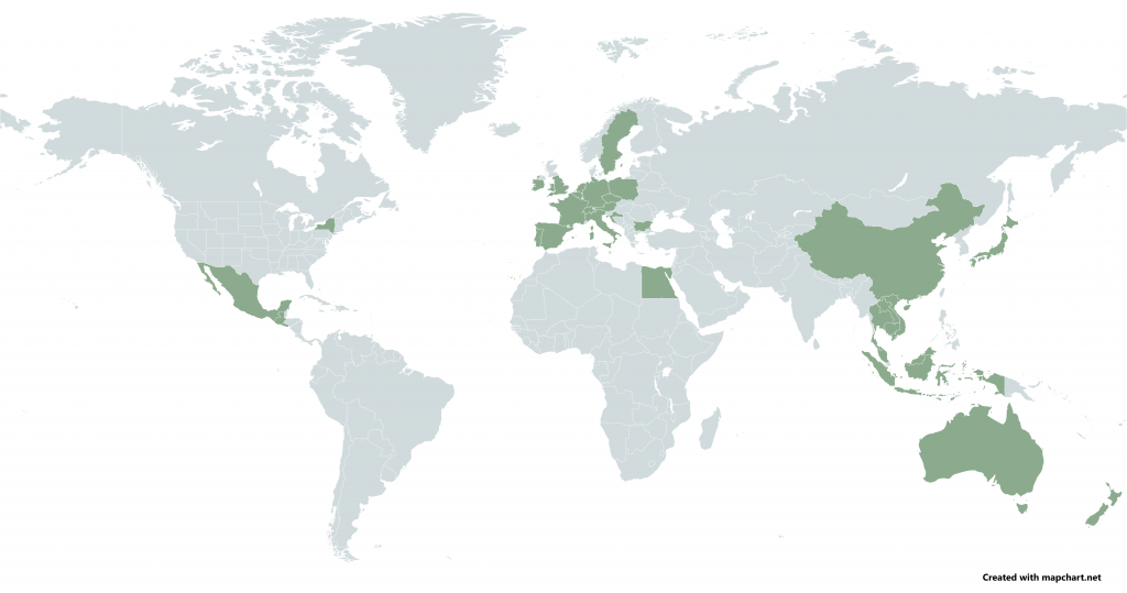 Liste der von uns bereitesten Länder: USA New York, Australien, Neuseeland, Indonesien, Kambodscha, Laos, Thailand, Malaysia, Japan, China, Vietnam, Ägypten, Bulgarien, Polen, Tschechien, Schweden, Deutschland, Polen, Dänemark, Belgien, Niederlande, Frankreich, Spanien, Portugal, Italien, England, Wales, Irland, Mexiko, Guatemala, El Salvador