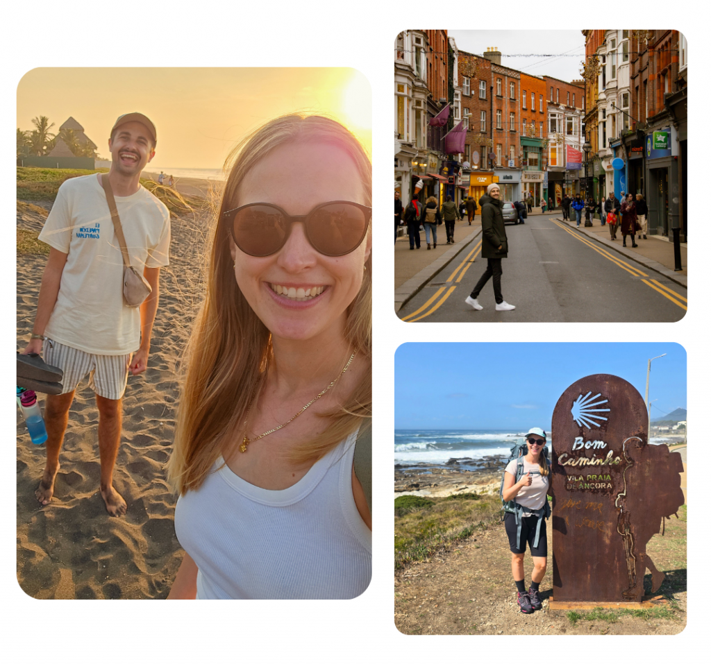 Das macht Hey Welt! aus. Lena und Philippe Strand in Guatemala, Philippe in denStraßen von Dublin, Lena auf dem Jakobsweg