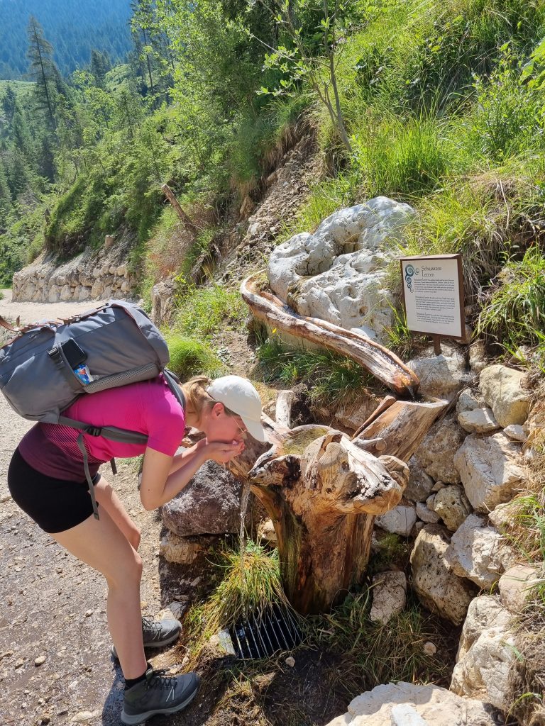 Am Wegesrand findest du mehrere Brunnen aus ausgehöhlten Baumstämmen, aus denen frisches Quellwasser sprudelt.
