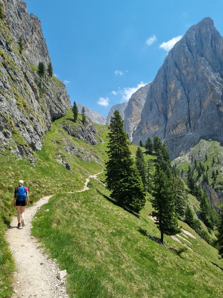 Oberhalb der Baumgrenze. Grüne wiesen, ein schmaler Wanderpfad. Links und rechts hohe steile graue Felswände
