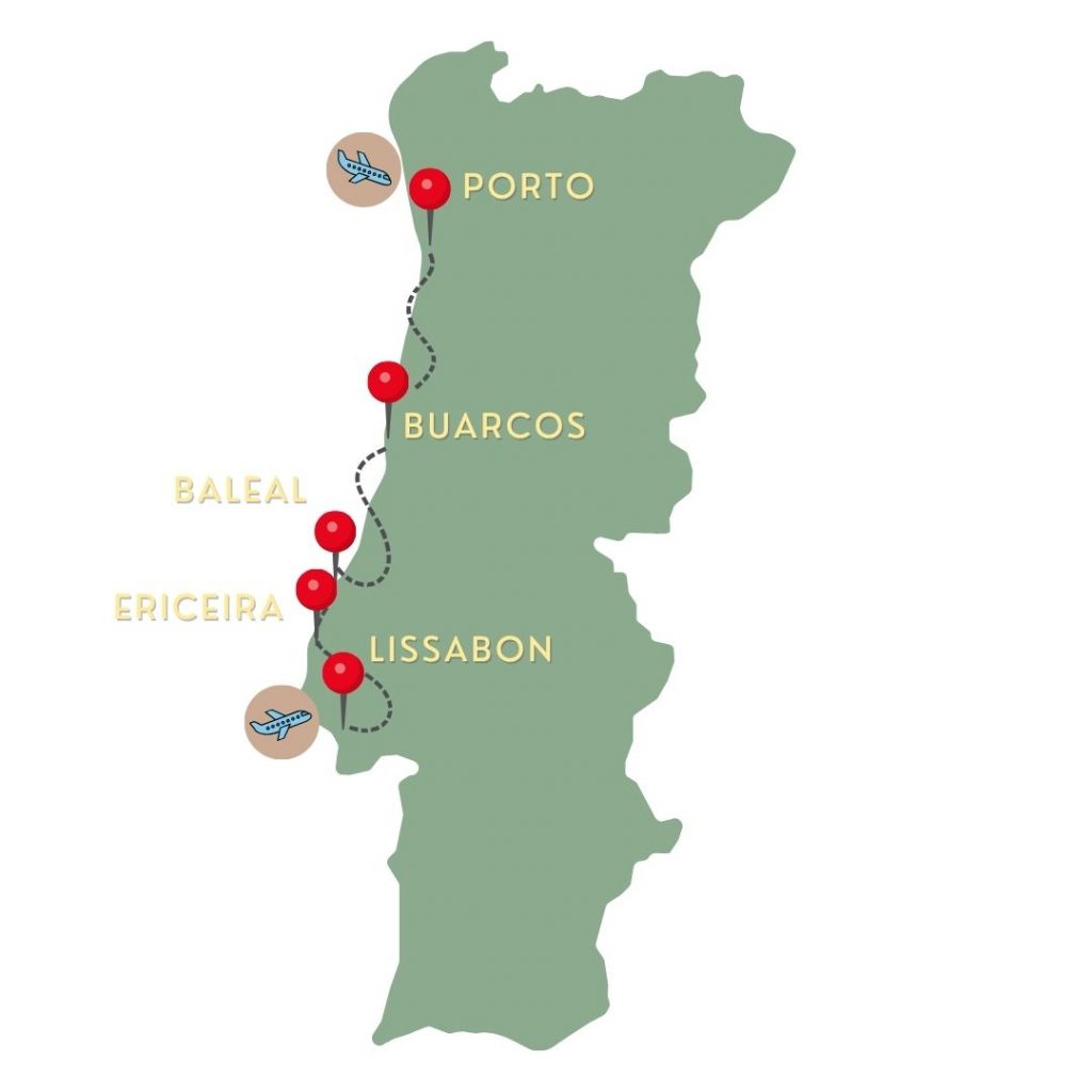 Anreise Porto, Buarcos, Baleal, Ericeira, Abreise Lissabon. Route 7 Tage Portugal Westküste Hey Welt