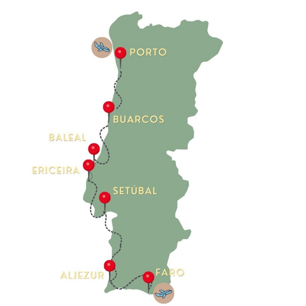 Anreise Porto, Buarcos, Baleal, Ericeira, Setubal, Aljezur, Abreise Faro. Route 14 Tage Portugal Westküste Hey Welt