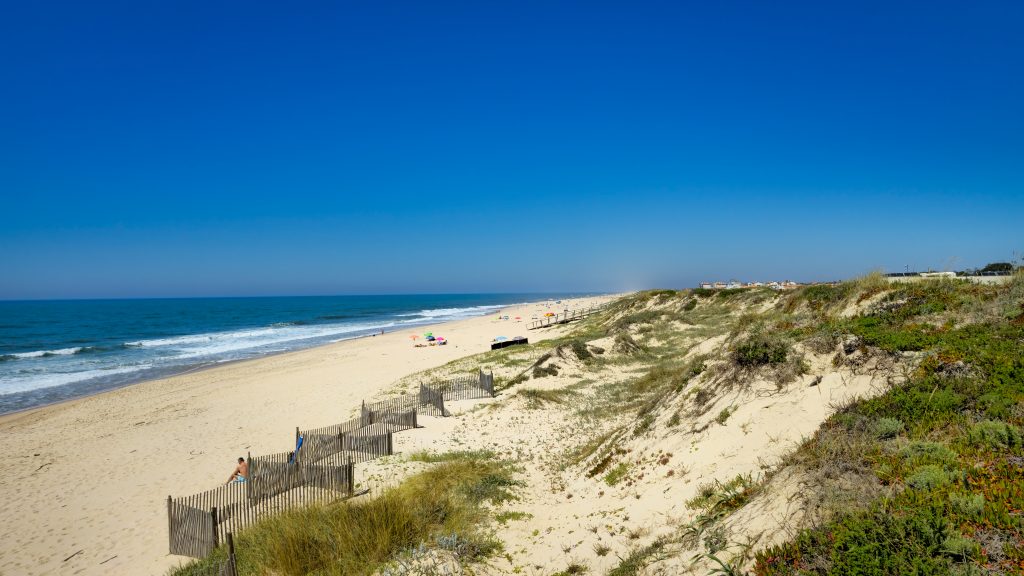 Kilometerlanger Sandstrand von Murtinheira. Menschenleer mit Dünen, strahlend blauer Himmel und ein tosendes Meer.